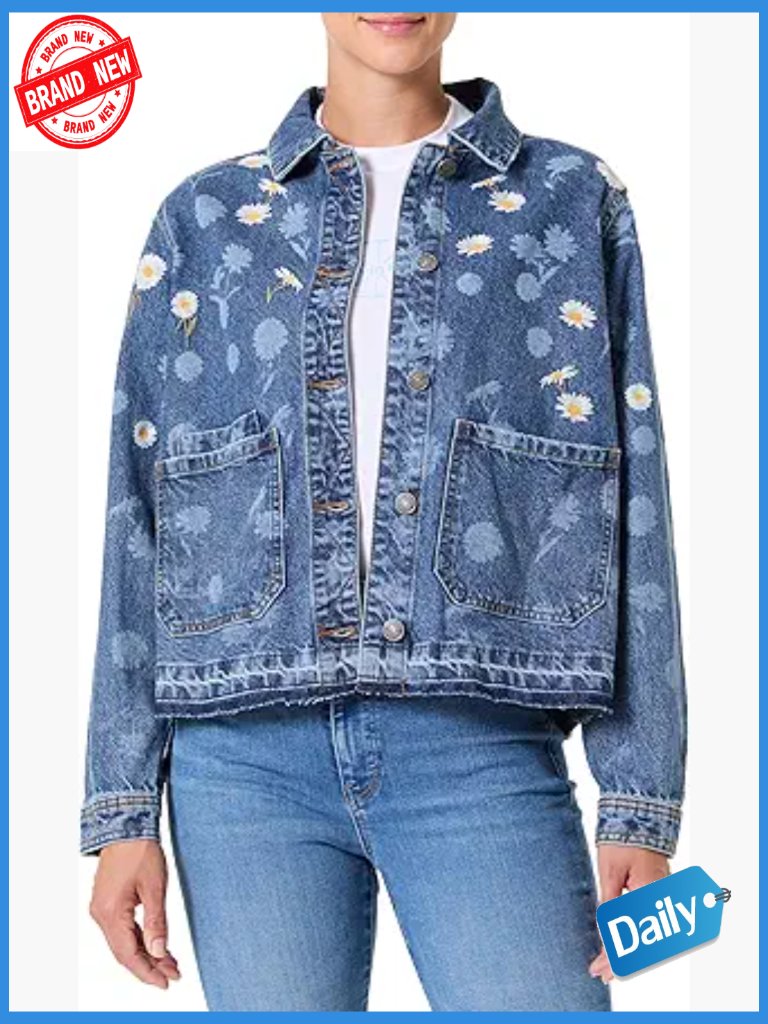 Floral Embroidered Denim Trucker Jacket Long Sleeve Button Front
